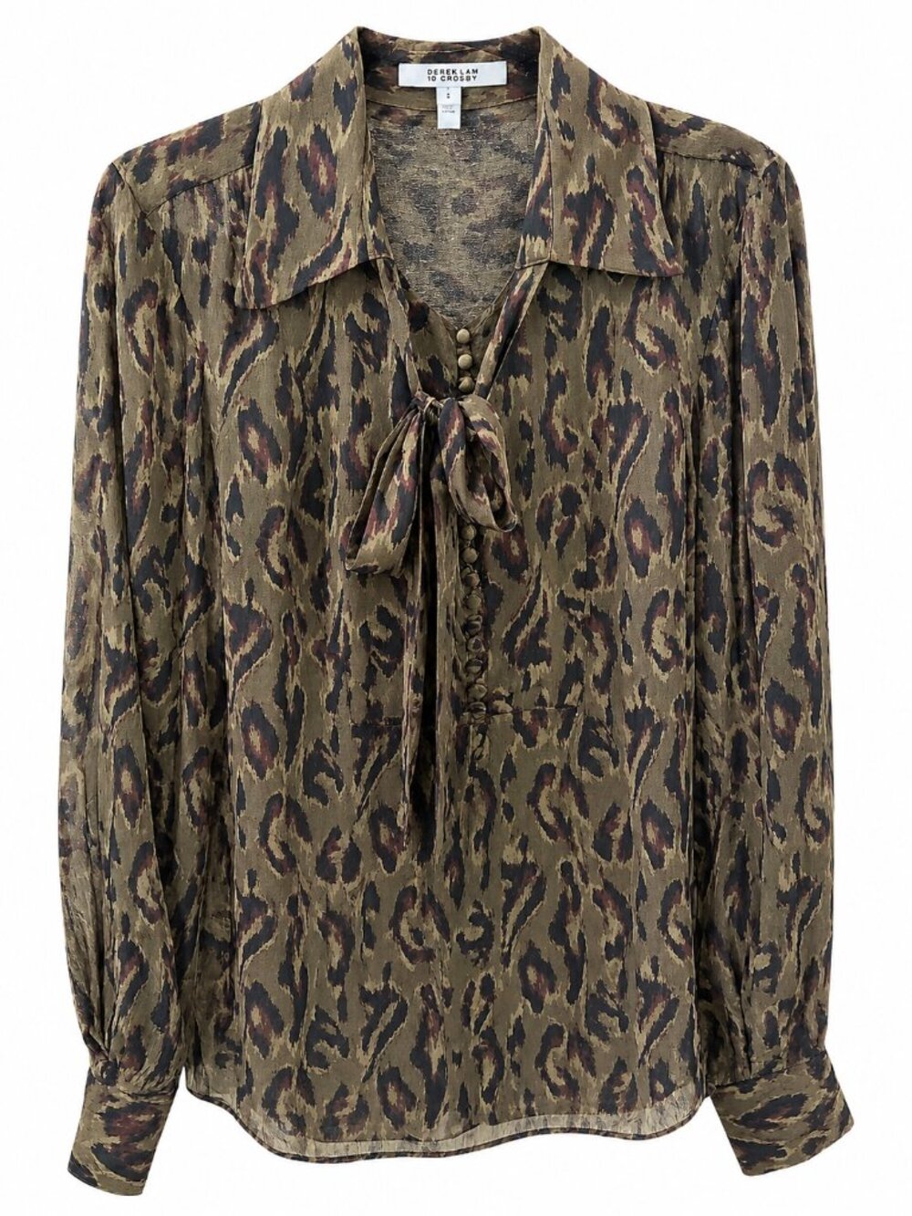 Derek Lam 10 Crosby Size 8 Semi Sheer Tie Neck Blouse Abstract Animal Print
